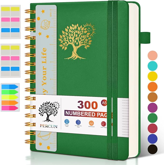PERCUN Spiral Notebook 300 Numbered Lined Pages Hardcover Journal 5.9"x8.5" | College Ruled Spiral Bound Notebook with Tabs, A5 Leather Journal for Women Men, Work, School, Travel, Writing & Note Taking