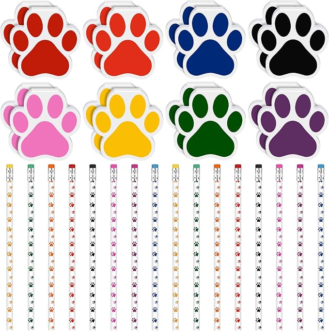 Weecent 32 Pcs Party Favors Kids Stationery Include 8 Colors Paw Print Pencil and Notpads Colorful Wooden Writing Pencils and Small Notebooks for Birthday Gifts Classroom Supplies