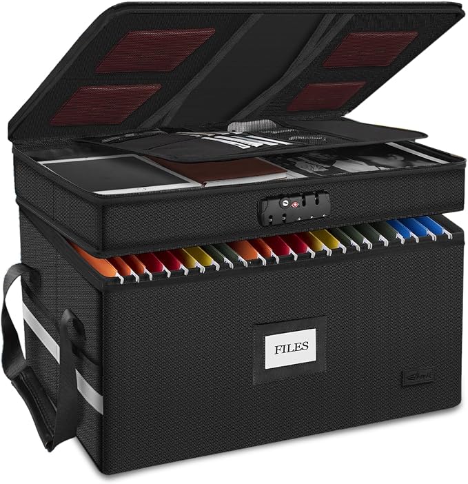 Large Fireproof Document Box with Lock, 2 Layer File Storage Organizer Box | Portable Office Collapsible File Storage with Reflective Strip & Handle for Hanging Letters, Legal Size Folder, Certificate