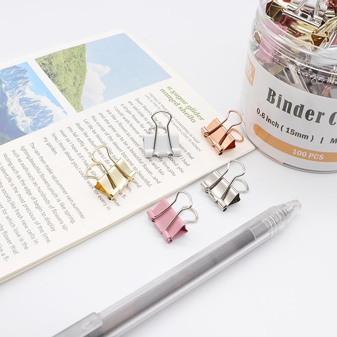 Mini Binder Clips, Paper Clip, Small Paper Clamps 15mm (5/8 inch), 100 Pack Micro Size Office Clips for Home School and Business (Multicolored)