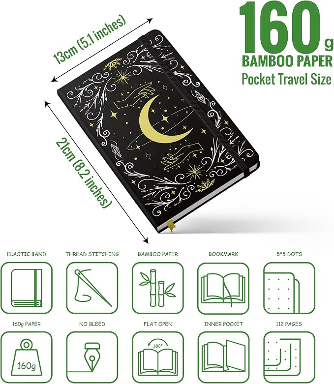 BUKE A5 Dotted Journal – 160gsm Ultra Bamboo Paper, Moon & Star Foil Cover, Flat Lay Notebook with Gift Box – 160 Pages, 5mm Dot Grid, Faux Leather Hardcover (Black)