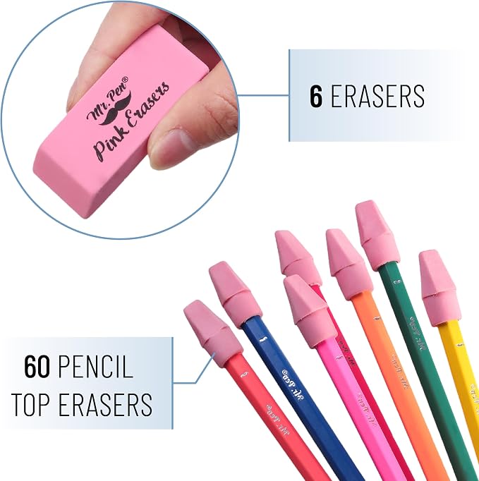 Mr. Pen- School Eraser Combination Set, 66 Pack, Pink | Latex Free Erasers for School, Office, Art Sketching, Homework, Exams, Clean Smudge-Free Correction