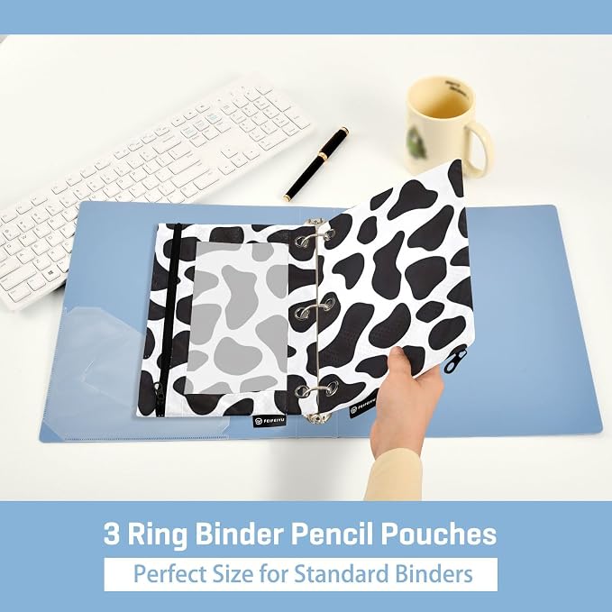 ALAZA Pencil Pouch for 3 Ring Binder, Black and White Cow Doodle Print Binder Pencil Pouches with Clear Window Zipper Pencil Case Cosmetic Bags for Office College Supplies, 2PCS
