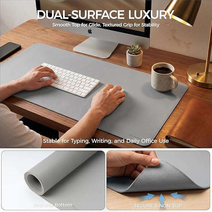 Large Desk Pad Non-Slip Desk Mat Protector for Keyboard Mouse Waterproof Vegan Leather Surface Faux Leather Laptop Mat Smooth Mouse Pad Premium Gift Tube Mist Gray 23.6" x 13.7"