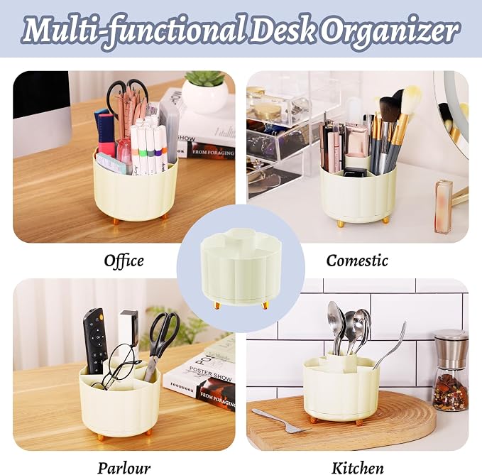 360 Degree Rotating Pen Holder for Desk, 6 Slots Desktop Organizer Caddy for Pens, Pencils, Markers, Multi-Functional Pencil Cup & Office Supplies Holder, Beige
