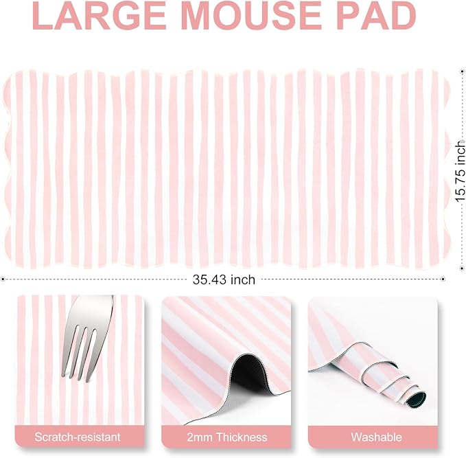L-SPOUTTO Pink Striped Mouse Pad,Scalloped Desk Mat XXL Large Geometric Gaming Mousepad,35.4x15.7in Non-Slip Rubber Base Keyboard Pad Waterproof Desktop Mat for Laptop Computer Game Home Office