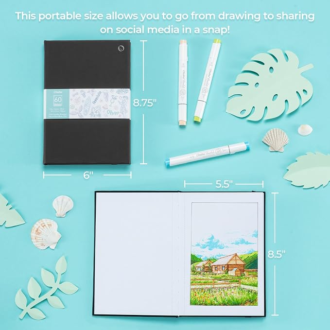 Ohuhu Double-Sided Marker Pad Art Sketchbook Bleedproof - 5.5"x8.5" Small Paper Size - 90 LB/150 GSM Smooth Drawing Paper - 60 Sheets/120 Pages - Hardcover Sketching Book for Alcohol Markers Paints