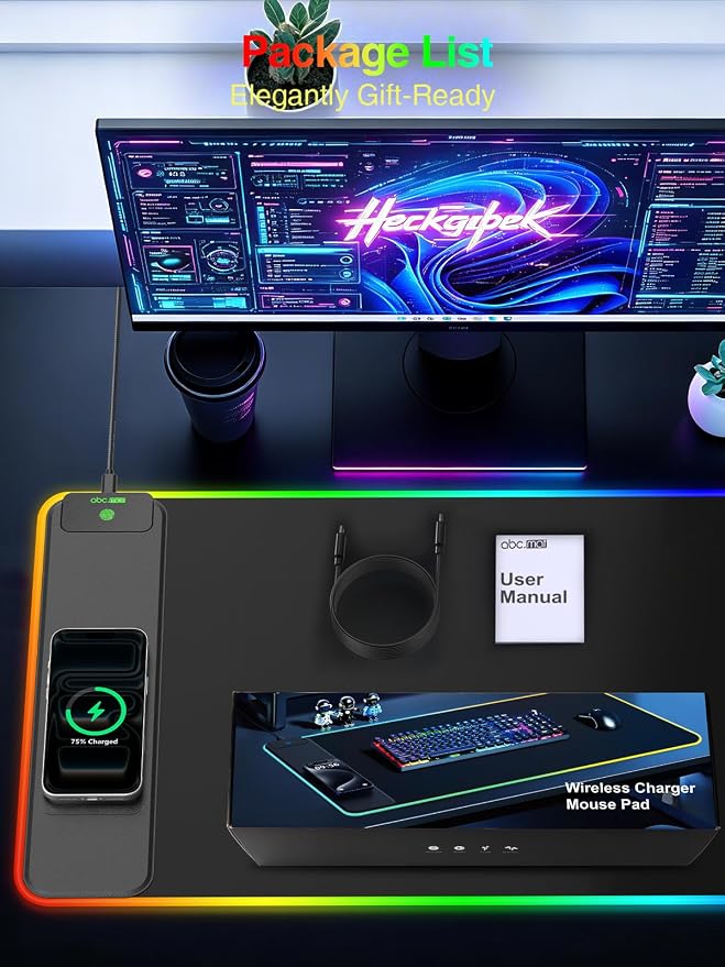 Wireless Charging Mouse Pad Gaming, 31.5"x15.8" Large Desk Mat, Waterproof | RGB Mousepad, Smooth Glide, Stitched Edge, Non-Slip Rubber Base, Desk Pad Computer Keyboard Mat, No Adapter