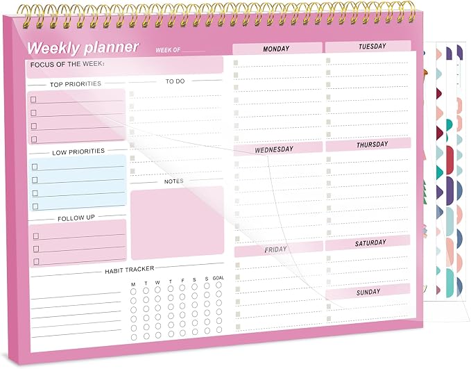 Weekly To Do List Notepad, 8.5''x11'' Weekly Desk Planners with 52 Tear Off Sheets Undated Planner Habit Tracker & Productivity Organizer for Home and Work, Pink