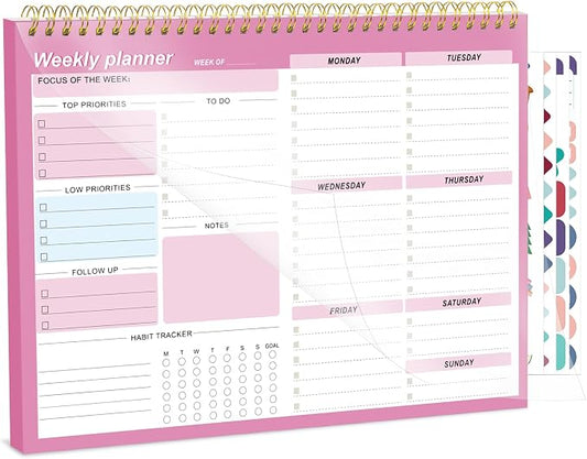 Weekly To Do List Notepad, 8.5''x11'' Weekly Desk Planners with 52 Tear Off Sheets Undated Planner Habit Tracker & Productivity Organizer for Home and Work, Pink