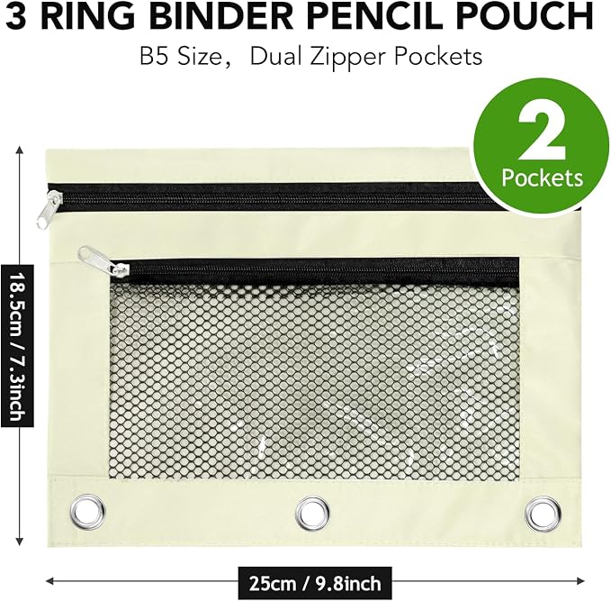 Pencil Pouch for 3 Ring Binder, Heavy Duty Canvas Dual Zipper Pen Bag with Clear Window, Smooth Metal Zipper, Fit Standard 3-Ring Binders for School Office Travel Supplies (Beige)