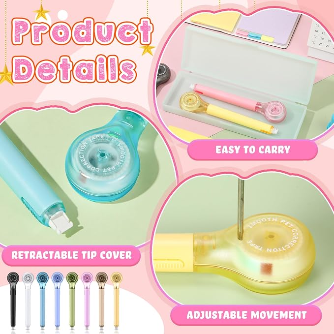 Gersoniel 25 Pack Correction Tape Pen Correctional Ink Tape Push Pull Protective, Easy to Use Applicator for School Office Supplies, 0.2 x 236 Inch (Dessert Color)