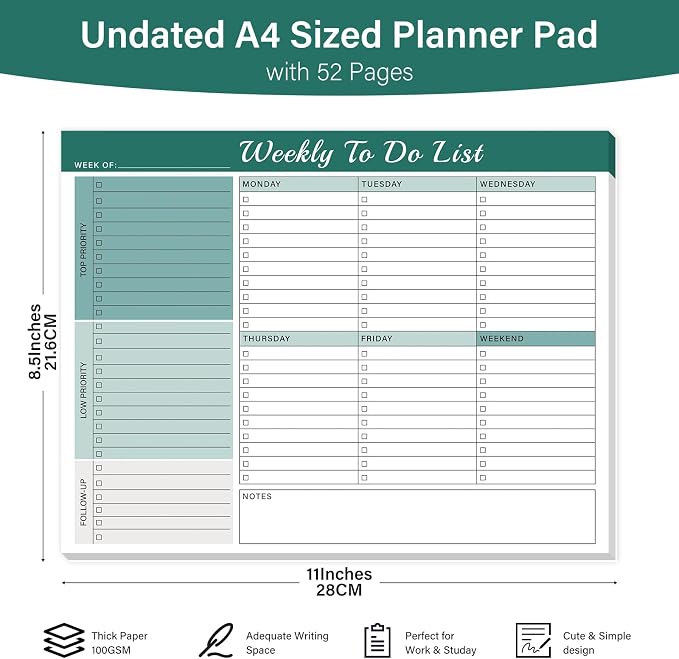 Weekly To Do List Notepad - 52 Undated Glue Bound Tear-Off Sheets (8.5"x11") for Desk Planning | Home, Work & School Organization Pad for Women & Men