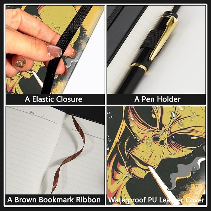 A5 Leather Lined Journal Notebook, 200 Pages Hardcover Executive Notebook for Office School Note Taking, Thick Writing Paper Daily Journal with Bookmarks/Indexes,Weed Smoking Space Alien