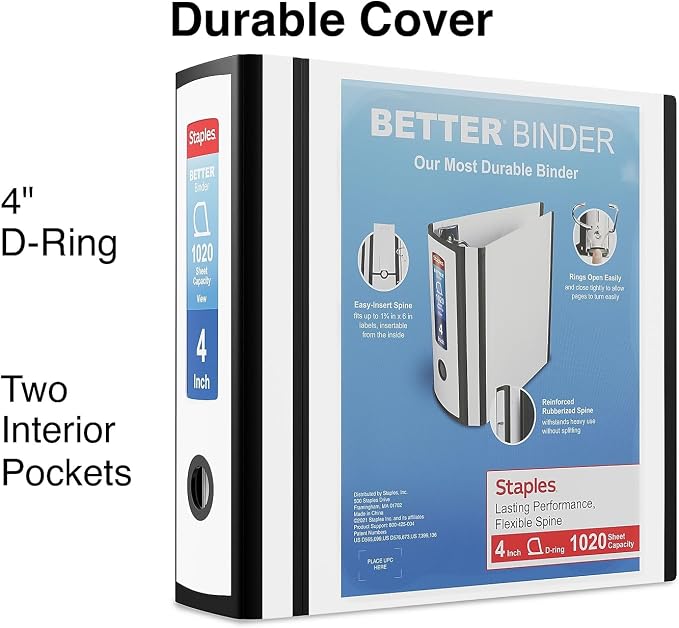 Staples Better Binder 4 Inch 3-Ring Binder, White, Wide Spine View Binder with Locking Rings, Large-Capacity Durable Office Binder, 2 Pack