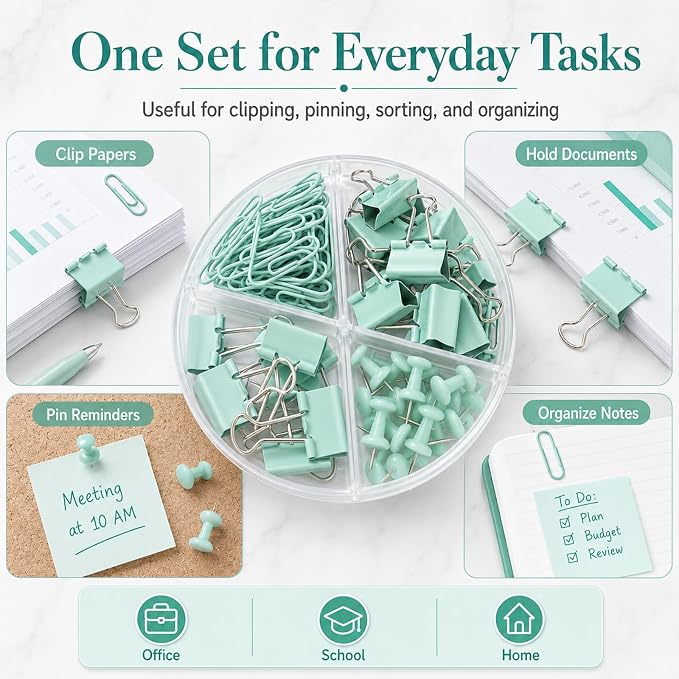Paper Binder and Clips Set, Metal Assorted Sized Binders with Push Pins, Cute Office Supplies, Teacher Desk Must Haves, Cute Desk Accessories, Green, 1 Pack