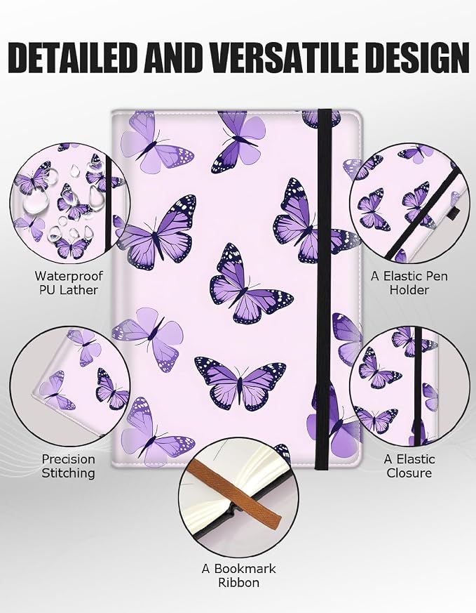 Hardcover Executive Notebooks, A5 PU Leather Lined Journal Notebook, 200 Pages Thick Paper Subject Notebooks for School,Work,Home Writing Business Notebook, Diary Book ，Purple Butterflies
