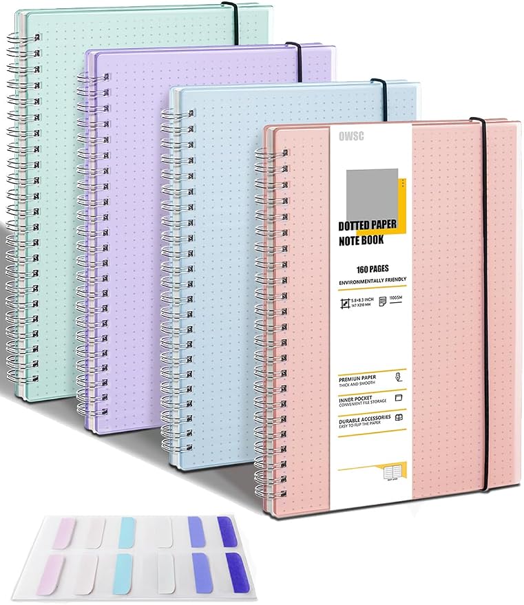 OWSC 4 Pack Dotted Spiral Notebook, Hardcover Notebooks for Work A5 Dot | 5.9 x 8.3 IN Notebooks College Ruled for Note Taking, School and Journal with 80 Sheets/160 Pages 110 GSM Thick Papers