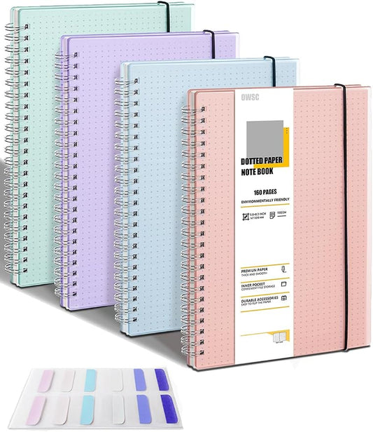OWSC 4 Pack Dotted Spiral Notebook, Hardcover Notebooks for Work A5 Dot | 5.9 x 8.3 IN Notebooks College Ruled for Note Taking, School and Journal with 80 Sheets/160 Pages 110 GSM Thick Papers