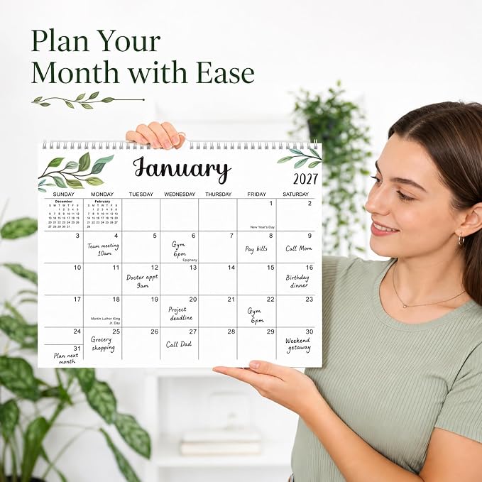 Wall Calendar 2026-2027, 18 Months Academic Calendar, July. 2026 - Dec 2027, 14'' × 11'', Monthly Wall Hanging Calendar with Thick Paper for Office Home Leaf