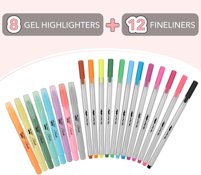 Mr. Pen- Bible Highlighters and Pens, 20 Pack Bible Journaling Kit | 8 Colors Gel Highlighters No Bleed and 12 Colors Fineliner Pens, Fast Dry and No Smear for Journaling, Planner