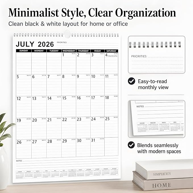 Large Wall Calendar 2026-2027, 18 Month Vertical Wall Calendar Jul 2026 – Dec 2027, 15" x 22" with Thick Paper & Large Blocks for Home Office Minimalist