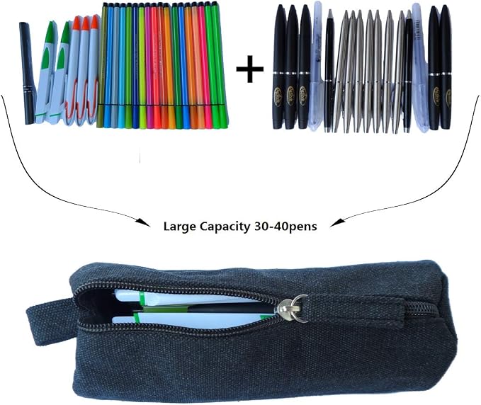 EnYu Heavy Canvas Stationery Portable Stylish Simple Pencil Bag and Practical Durable Compact Zipper Pencil Case 1 Pack Black