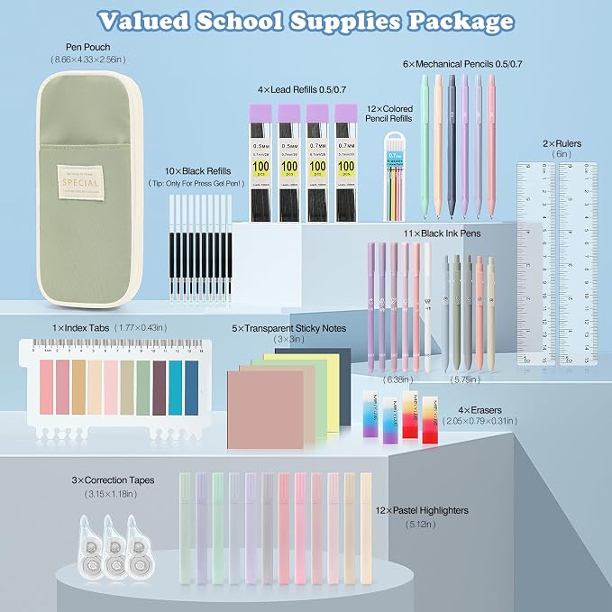 MoKo Pencil Case with Supplies, 60Pcs Aesthetic School Set, Green | Includes highlighters, gel and ballpoint pens, mechanical pencils, refills, sticky notes, correction tapes and rulers.