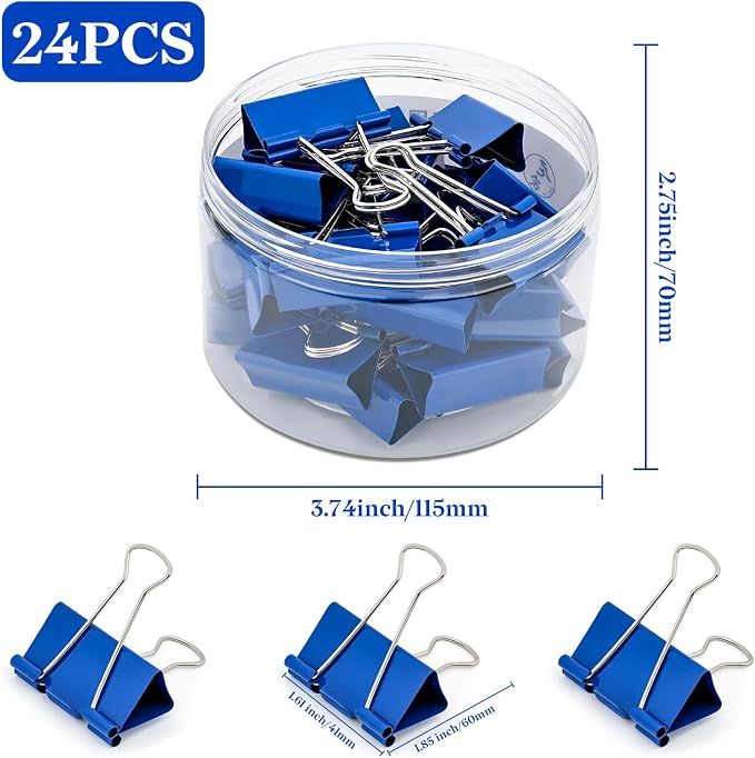Temiary 24 Pcs Binder Clips, 1.6 Inch Large Metal Binder Paper Clip with Container, Blue Paper Clamps Bulk for Office, Home, School Supplies