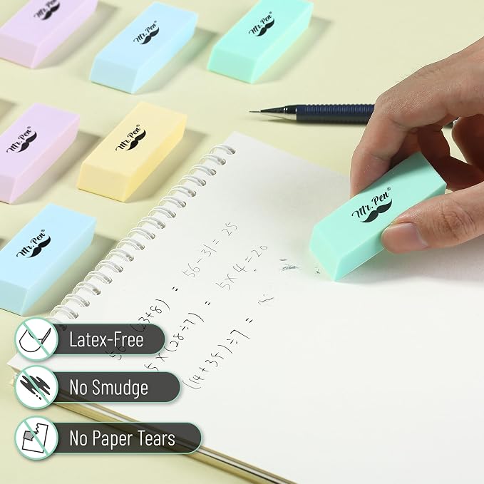Mr. Pen- Pencil Eraser, 12 Pack, Pastel Colors | Large Latex Free Block Erasers for School, Office, Art Sketching, Homework, Exams, Clean Smudge-Free Correction