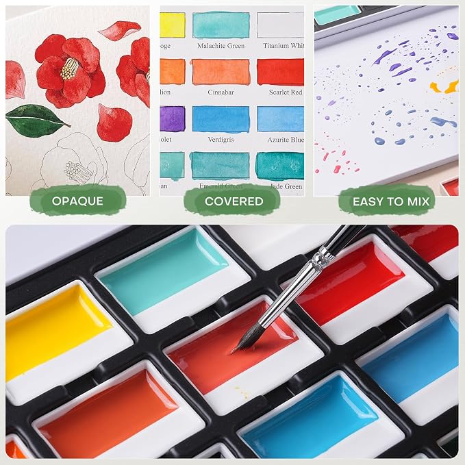 Fuumuui 24 Opaque Semi-Solid Watercolor Paint Set, Vivid Bright Professional Art Supplies with Strong Pigments & Coverage, for Artists Beginner Painters Amateur Hobbyists Painting