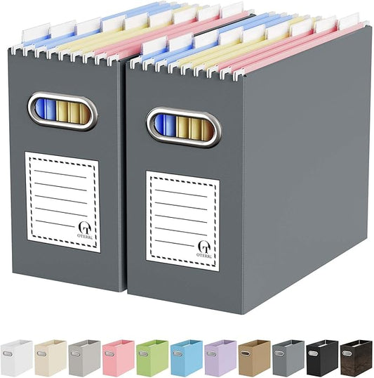 Oterri File Organizer Box, Portable Collapsible Cardboard File Folder Organizer with Handle for Letter Size Hanging Files, Document Storage Box for Home Office & Classroom (2 Packs, Dark Grey)