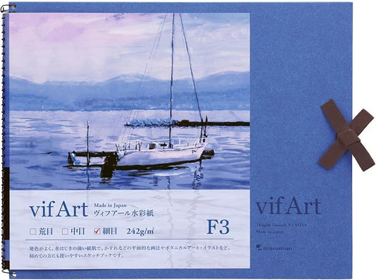 Maruman VifArt Watercolor Artbook- Premium Fine Watercolor Paper, Natural White, F3, 9.02" x 11.57", 15 Sheets/ 30 Pages, Reinforced Cover Sketchbook for Watercolor & Mixed Media, Blue
