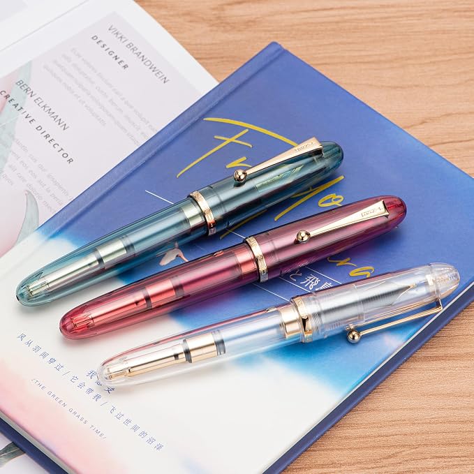Jinhao 9019 DaDao Series Fountain Pen, Size 8 Medium Nib with Large Ink Converter, Transparent Wine Red Acrylic Design Smooth Writing Pen (Gold Trim)