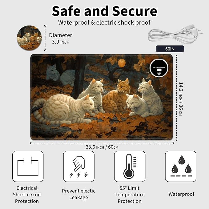 Heated Desk Pad Mouse Pad,Heated Desk Mat,with 3 Heating Levels & 3 Hours Auto Shut-Off,Leather 23.6"*14.2" Gaming Mouse Laptop Mat,Foot Warmer,Maple Leaves Cat