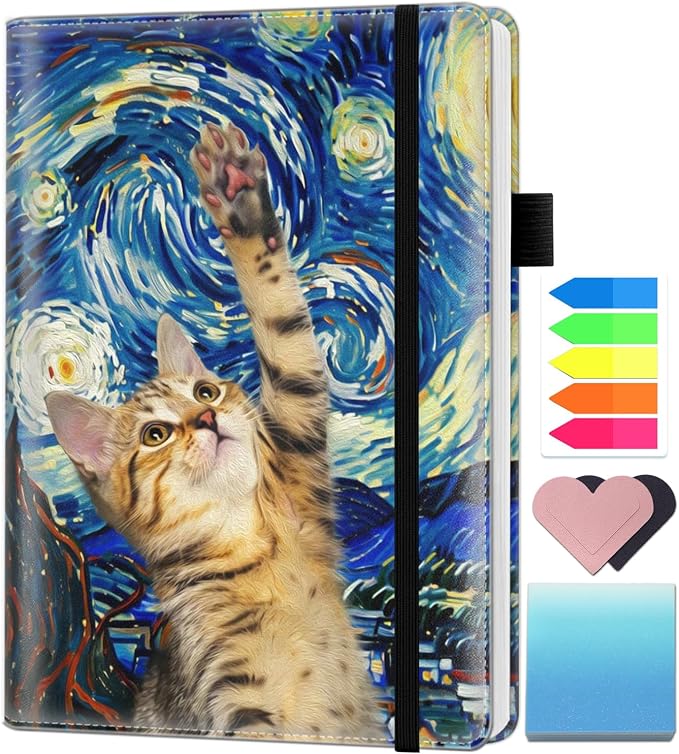 A5 Leather Lined Journal Notebook, 200 Pages Hardcover Executive Notebook for Men Women Office School Note Taking, Thick Writing Paper Daily Journal with Bookmarks/Indexes,Night Cat
