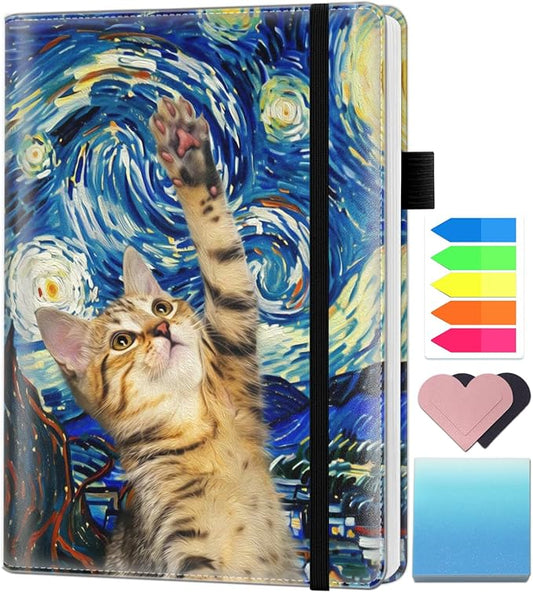 A5 Leather Lined Journal Notebook, 200 Pages Hardcover Executive Notebook for Men Women Office School Note Taking, Thick Writing Paper Daily Journal with Bookmarks/Indexes,Night Cat