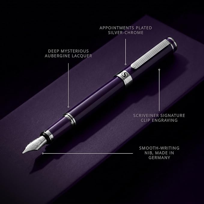 Scriveiner Luxury Fountain Pen - Aubergine, Schmidt Gilded Nib (Medium), Converter, Best Pen Gift Set for Men & Women, Professional, Executive, Office, Nice Pens