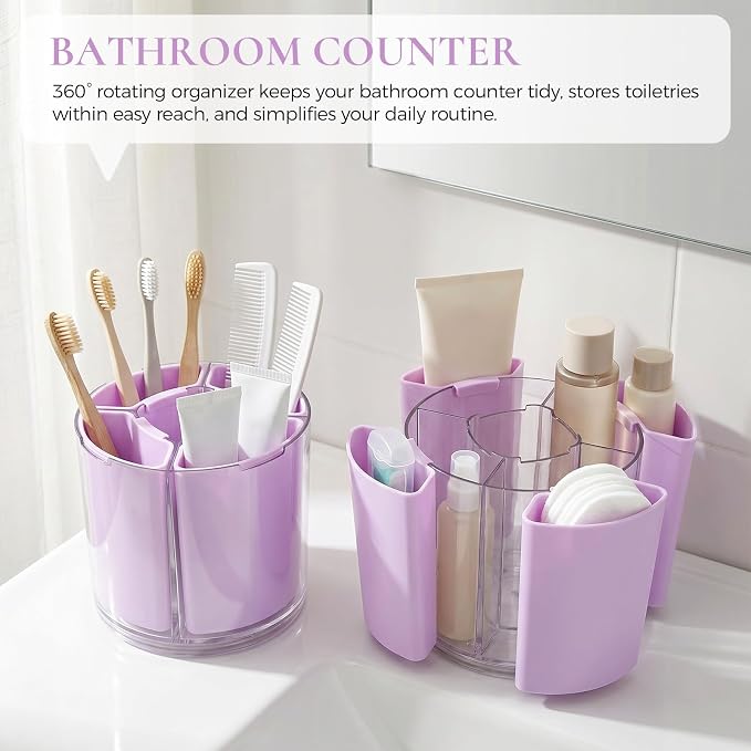 KONVINIT Purple Pen Holder for Desk, 5 Slots 360° Rotating Pen Organizer, Cute Desk Organizers and Accessories for School, Home, Office and Art Supply