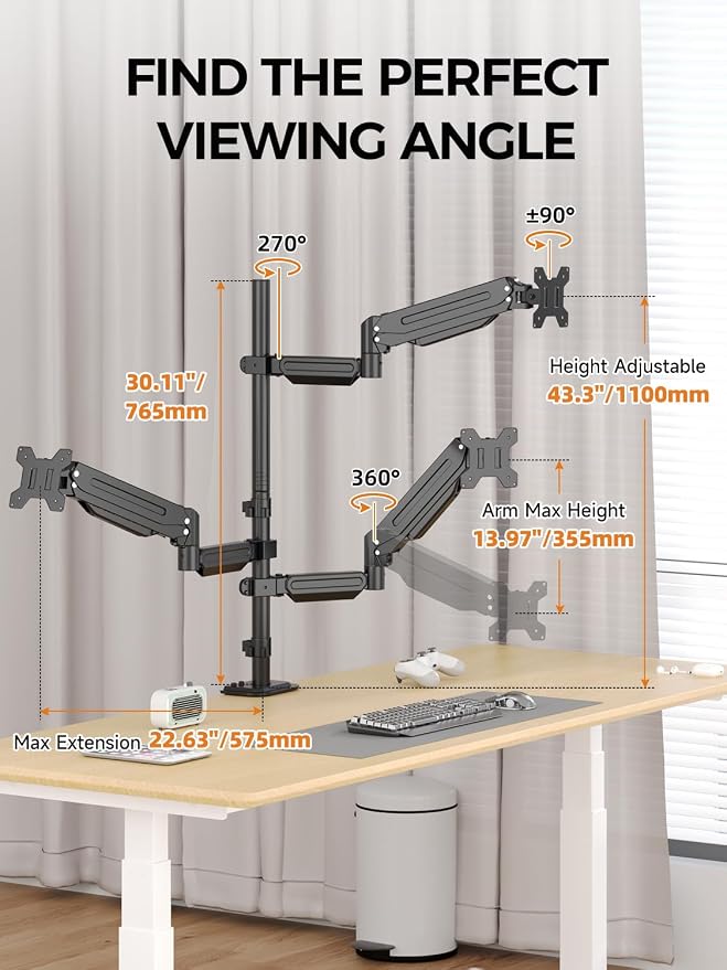 Bracwiser Triple Monitor Mount for Max 34" Screens, up to 24.25lbs Each, Full Adjustable 3 Monitor Desk Stand, Three Gas Spring Arm with Tilt Swivel Rotation, VESA 75x75/100x100mm, Black, MDX883B