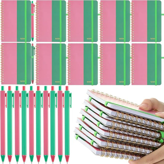 Fulmoon 24 Set Sorority A6 Spiral Notebook with Ballpoint Pens 50 Sheets, 4"x 6" Small College Ruled Notepads Journaling Notebooks Bulk for Back to School Supplies Offices Team Pink and Green Gifts