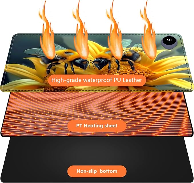 Heated Mouse Pad with 3 Levels Heated & 3 Hours Auto Shut-Off Mouse Pad for Warming Hands in Office Home, 31.5" x 13"Large Safe Desk Mat Hand Warmer，Bees Collect Honey
