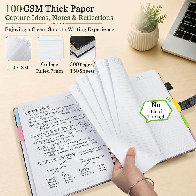 Hardcover Spiral Notebook 8''x 10'' College Ruled Notebook with Magnetic Closure, 300 Pages 5 Subject Notebooks with Pocket Dividers for Work School, B5 Leather Journal for Women, Men (Black)