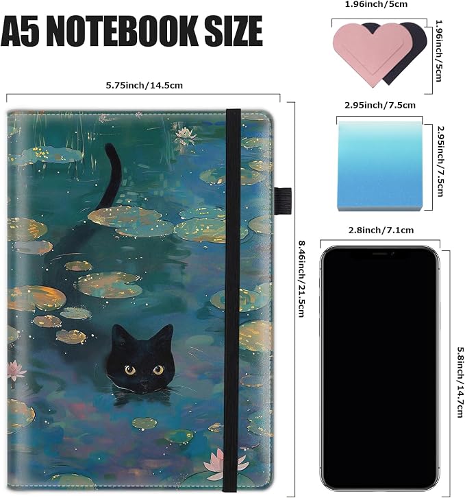 Hardcover Executive Notebooks, A5 PU Leather Lined Journal Notebook, 200 Pages Thick Paper Subject Notebooks for School,Work,Home Writing Business Notebook, Diary Book ， Lack Cat and Lotus