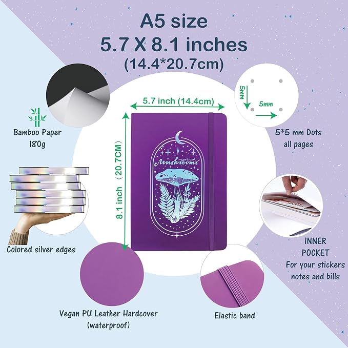 BUKE Dotted Notebook Journal 180GSM Bamboo Thick White Paper 160 Pages 5 * 5MM Dot Grid, Lay Flat Binding,Colored Silver Edges, Bookmarks and Expandable Back Pocket (BKP-1)
