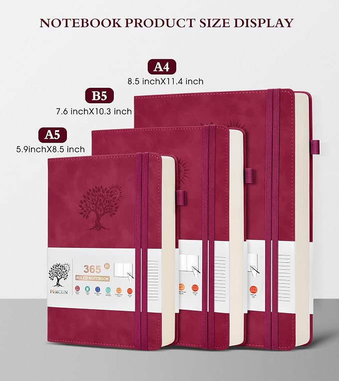 PERCUN B5 Lined Journal Notebook - 365 Page Large Leather Journals for Writing Women Men，Hardcover Notebook with 100Gsm Thick Pages，Daily Diary for Travel, Work，School，College Ruled (7.6" x 10.3")