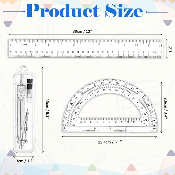 Coopay 3 Pcs Plastic 12 Inch Ruler, Clear Protractor and Compasses Set | Clear Ruler, Protractor and Compass set, Geometry, Durable, Drawing, Measuring, Math, Art, Classroom, School, Student
