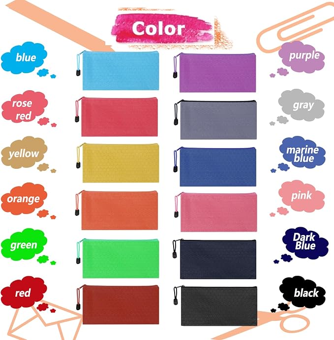 96pcs Pencil Pouch Bulk,Zipper Pouches,Waterproof Pencil Bags, Small Organizing Bags in 12 Colors for Classroom,Office Supplies Storage and Travel Accessories