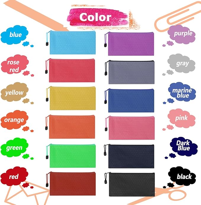 36pcs Pencil Pouch Bulk,Zipper Pouches,Waterproof Pencil Bags, Small Organizing Bags in 12 Colors for Classroom,Office Supplies Storage and Travel Accessories