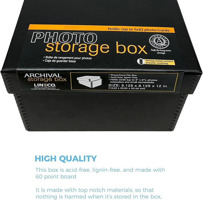 Lineco Archival Photo Card Box, Museum-Quality, 5x8x12 Inch, Black, 2 Pack | Acid-Free with Removable Lid, Metal-Edge Corner, Bulk Storage and Preservation for Negatives, Prints, Films, Photos, Snapshot